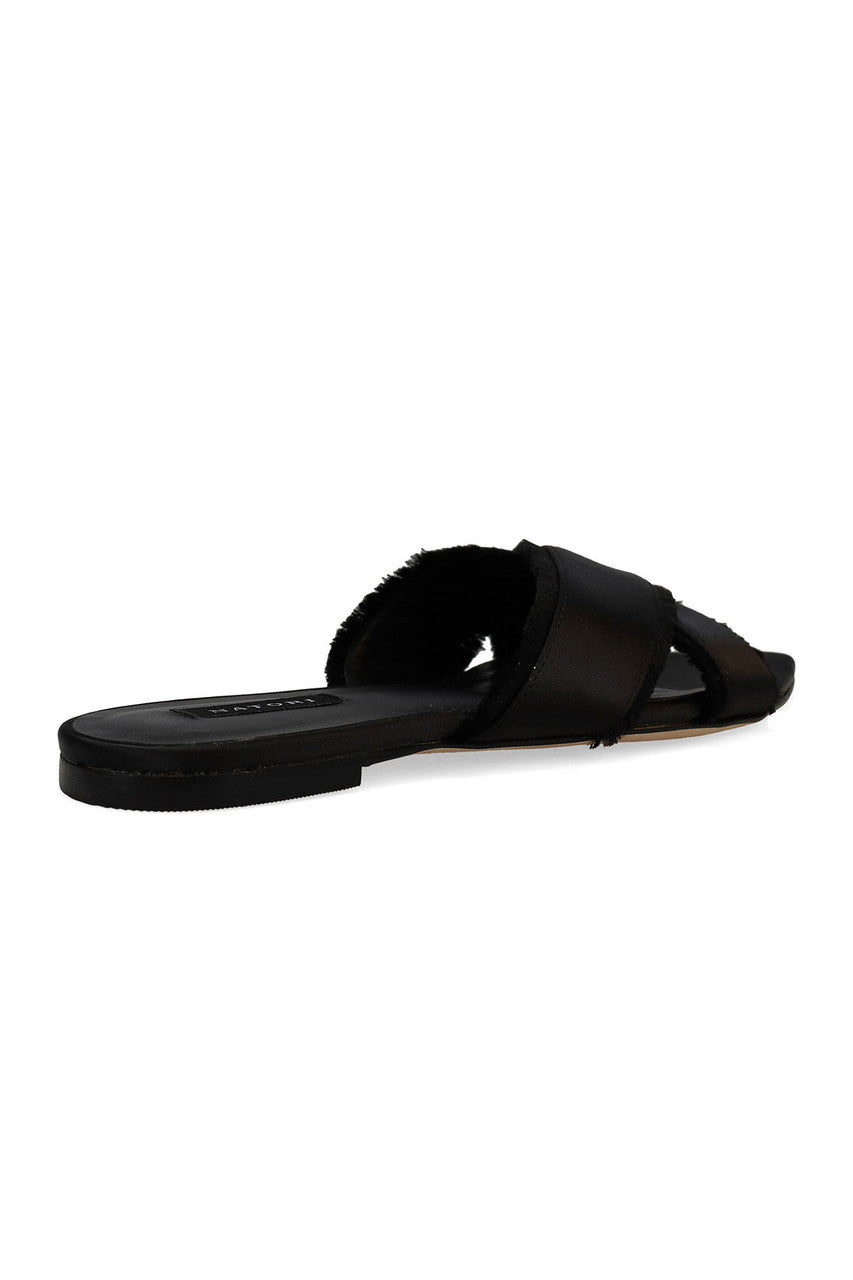 Buy Wayu Satin Fringe Cross Slide Sandals in Black Online Black Natori