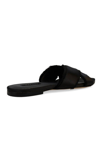 Buy Wayu Satin Fringe Cross Slide Sandals in Black Online Black Natori