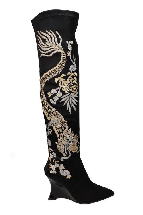 Buy Natsu Satin Embroidered Dragon Stretch Over the Knee Boot in Black/Metallic Online Black/Metallic Natori