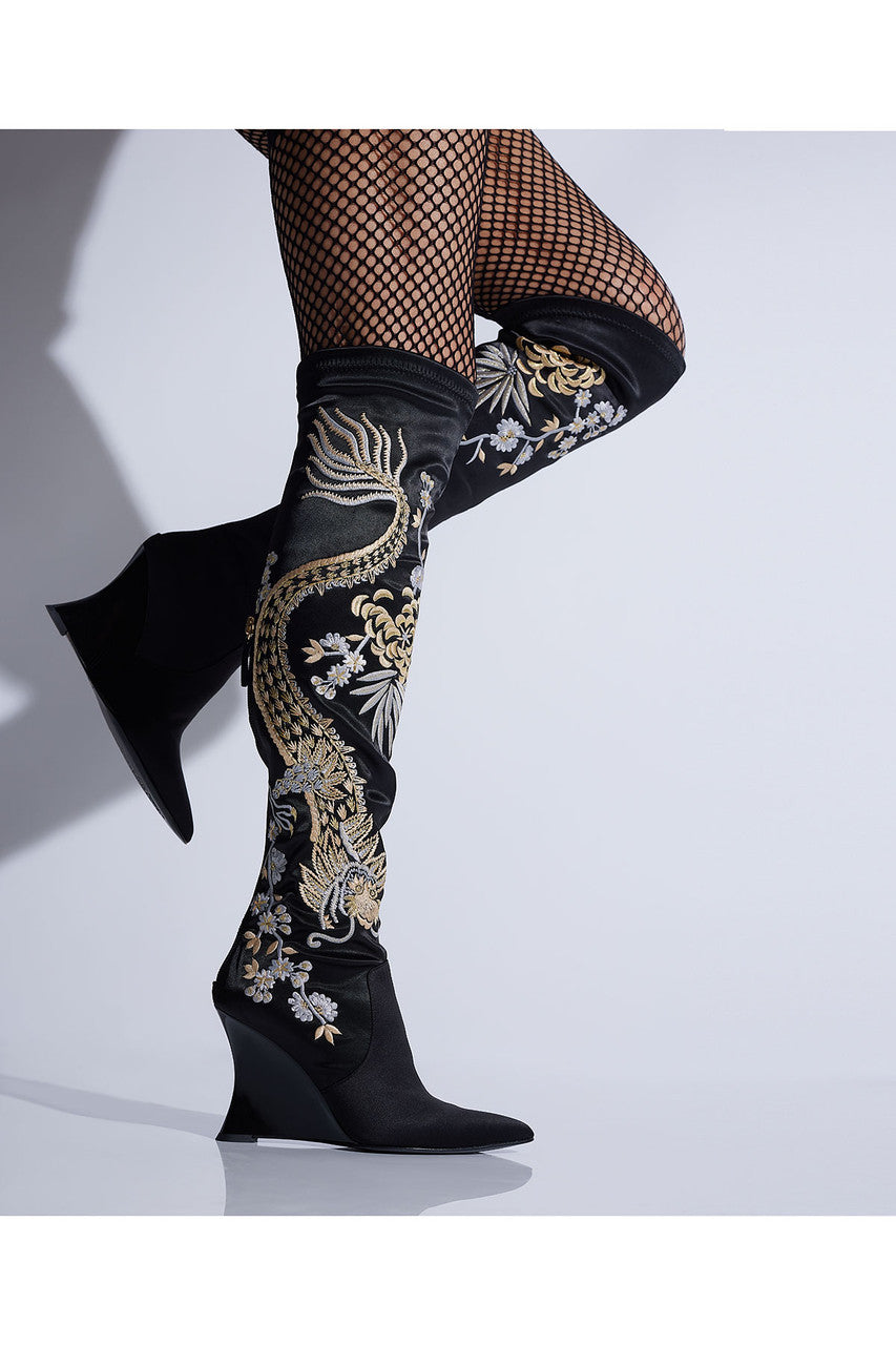 Buy Natsu Satin Embroidered Dragon Stretch Over the Knee Boot in Black/Metallic Online Black/Metallic Natori