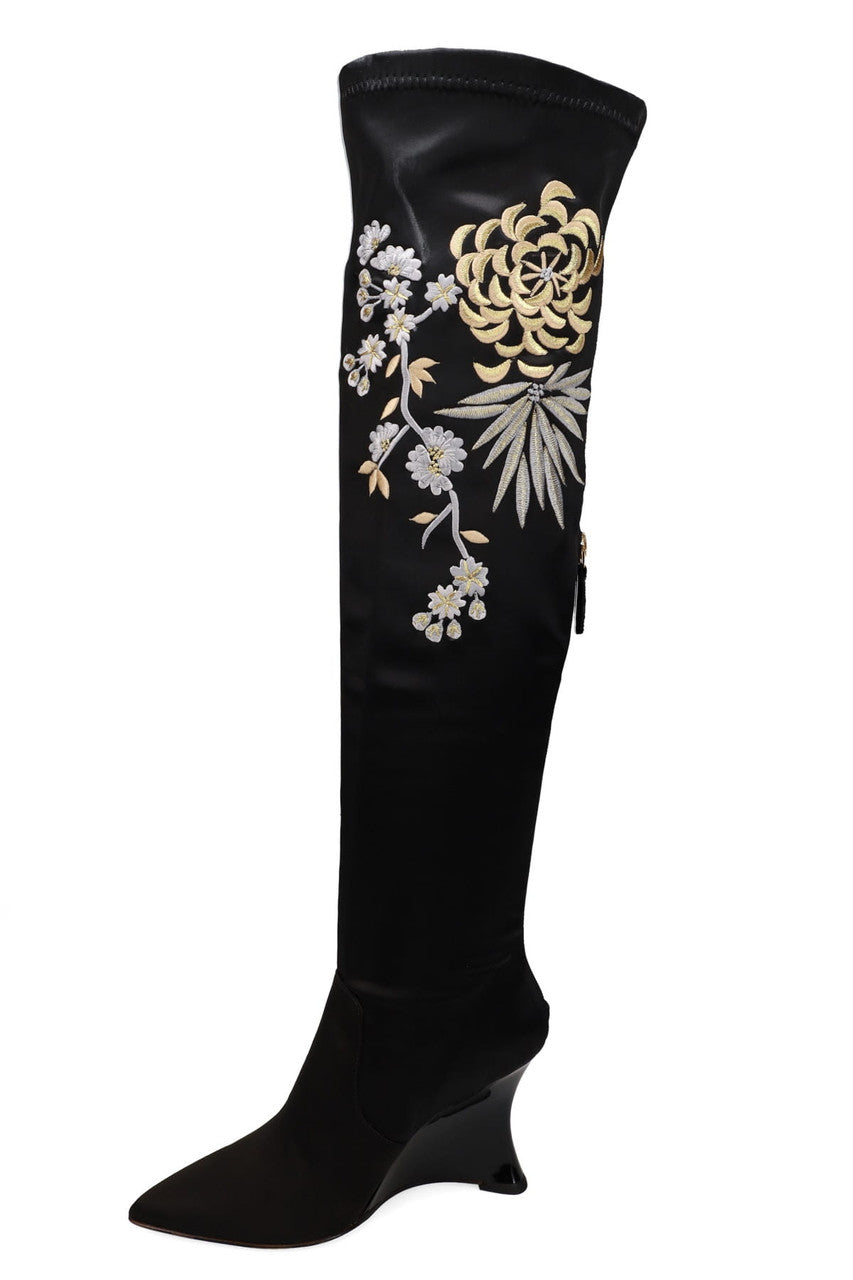 Buy Natsu Satin Embroidered Dragon Stretch Over the Knee Boot in Black/Metallic Online Black/Metallic Natori
