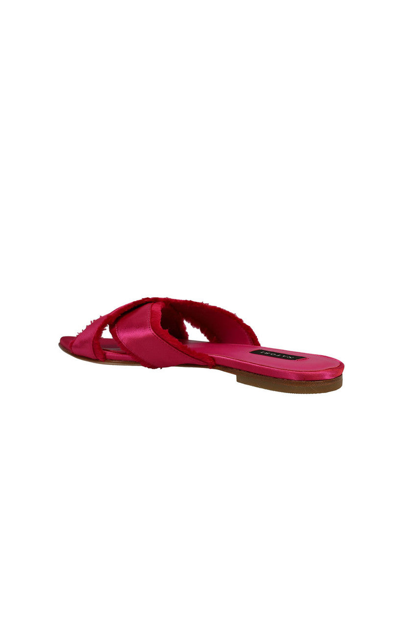 Buy Wayu Satin Fringe Cross Slide Sandals in Dragon Fruit Online Dragon Fruit Natori