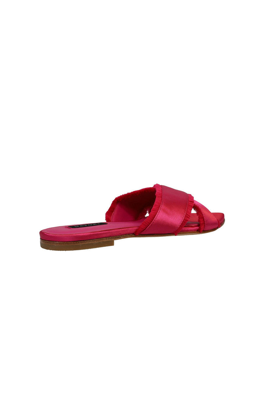 Buy Wayu Satin Fringe Cross Slide Sandals in Dragon Fruit Online Dragon Fruit Natori