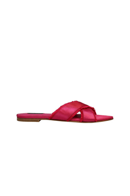 Buy Wayu Satin Fringe Cross Slide Sandals in Dragon Fruit Online Dragon Fruit Natori