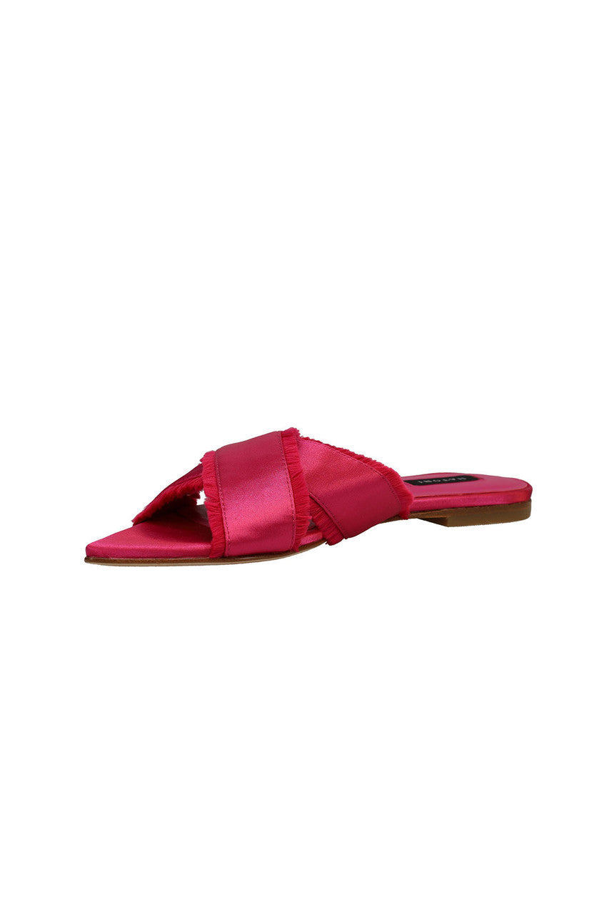 Buy Wayu Satin Fringe Cross Slide Sandals in Dragon Fruit Online Dragon Fruit Natori