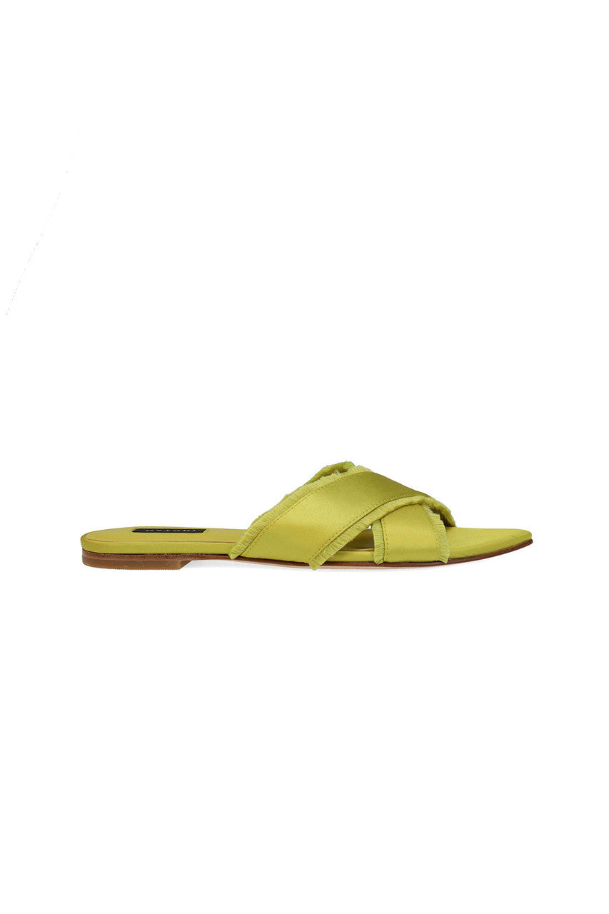 Buy Wayu Satin Fringe Cross Slide Sandals in Chartreuse Online Chartreuse Natori