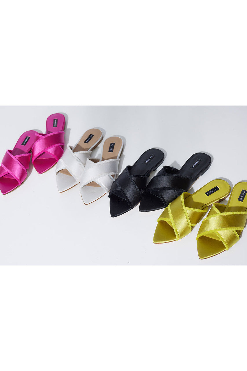 Buy Wayu Satin Fringe Cross Slide Sandals in Chartreuse Online Chartreuse Natori