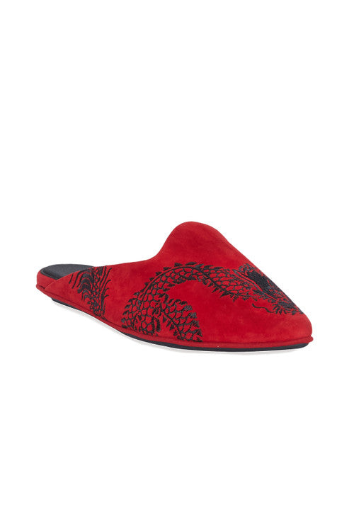 Buy Image Suede Dragon Embroidery Slide in Brocade Red Suede Online Brocade Red Suede Natori