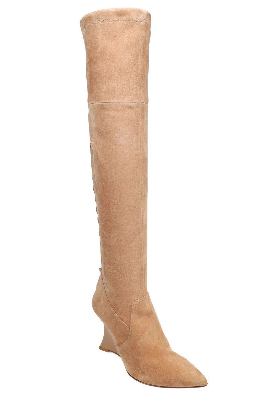 Buy Natsu Stretch Suede Over the Knee Wedge Boot in Doe Online Doe Natori