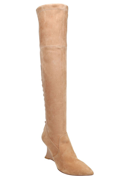 Buy Natsu Stretch Suede Over the Knee Wedge Boot in Doe Online Doe Natori
