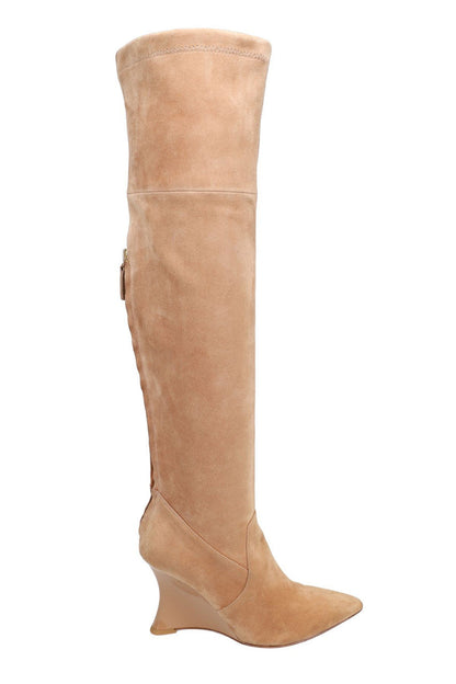 Buy Natsu Stretch Suede Over the Knee Wedge Boot in Doe Online Doe Natori
