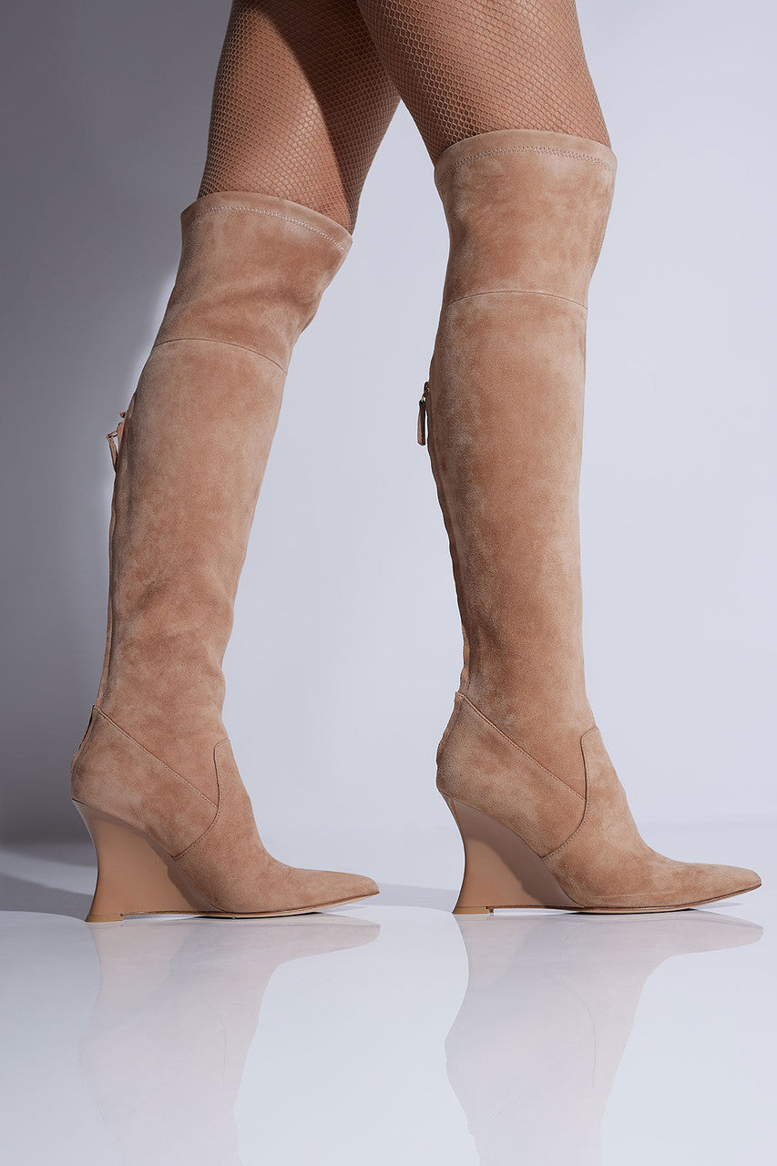 Buy Natsu Stretch Suede Over the Knee Wedge Boot in Doe Online Doe Natori
