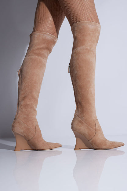 Buy Natsu Stretch Suede Over the Knee Wedge Boot in Doe Online Doe Natori