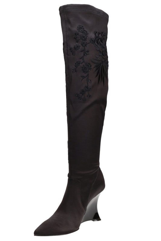 Buy Natsu Satin Embroidered Dragon Stretch Over the Knee Boot in Black Online Black Natori