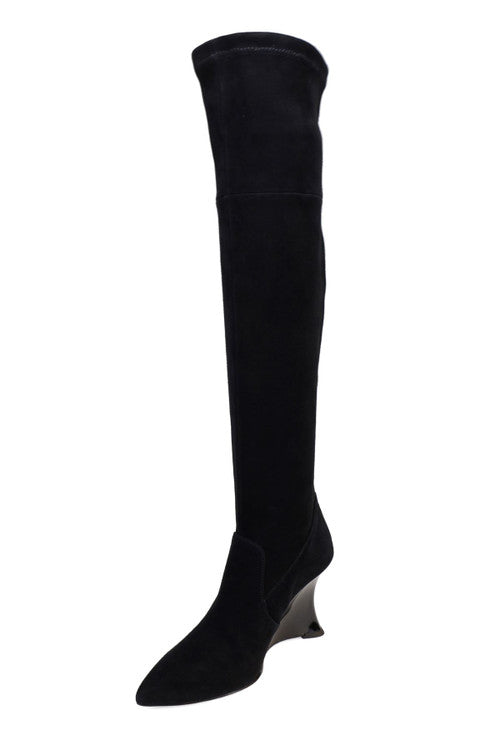 Buy Natsu Stretch Suede Over the Knee Wedge Boot in Black Online Black Natori