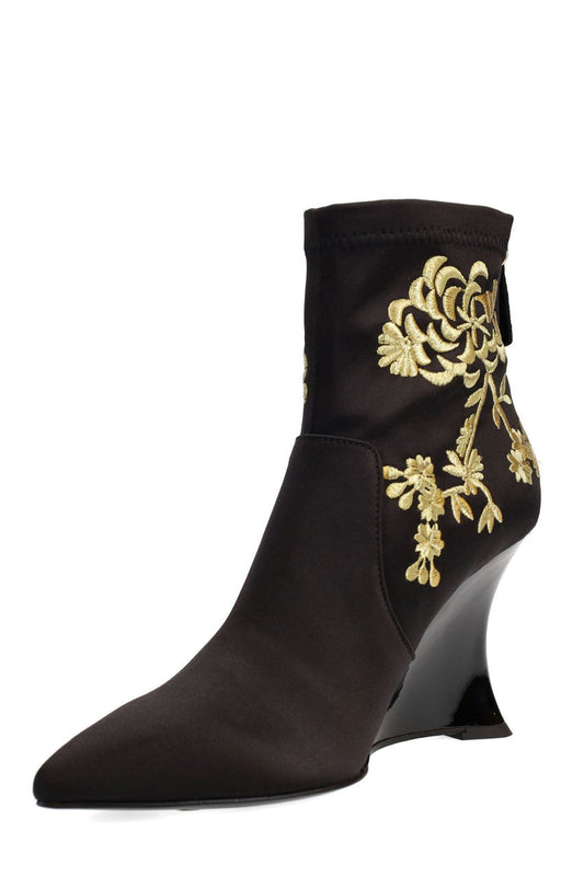 Buy Neko Satin Embroidery Wedge Ankle Boot in Black/Gold Online Black/Gold Natori