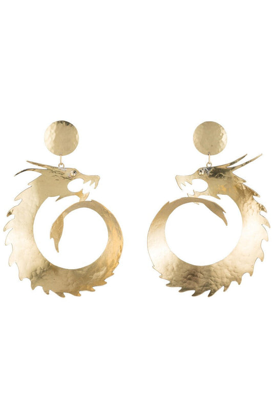 Buy Hammered Brass Dragon Swirl Drop Clip Earrings in Gold Online Gold Natori