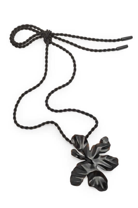 Peony Buffalo Horn Pendant Rope Necklace Black Natori