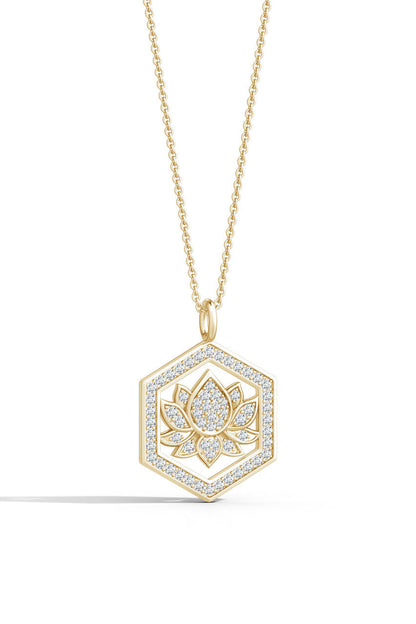Buy Indochine Spirit 14k Hexagon Frame Lotus Pave Diamond Pendant Necklace in 14K Yellow Gold Online 14K Yellow Gold Natori