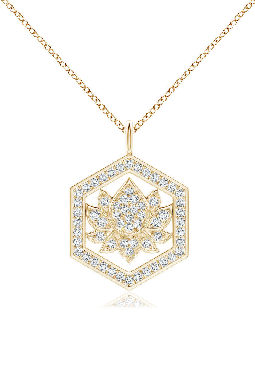 Buy Indochine Spirit 14k Hexagon Frame Lotus Pave Diamond Pendant Necklace in 14K Yellow Gold Online 14K Yellow Gold Natori