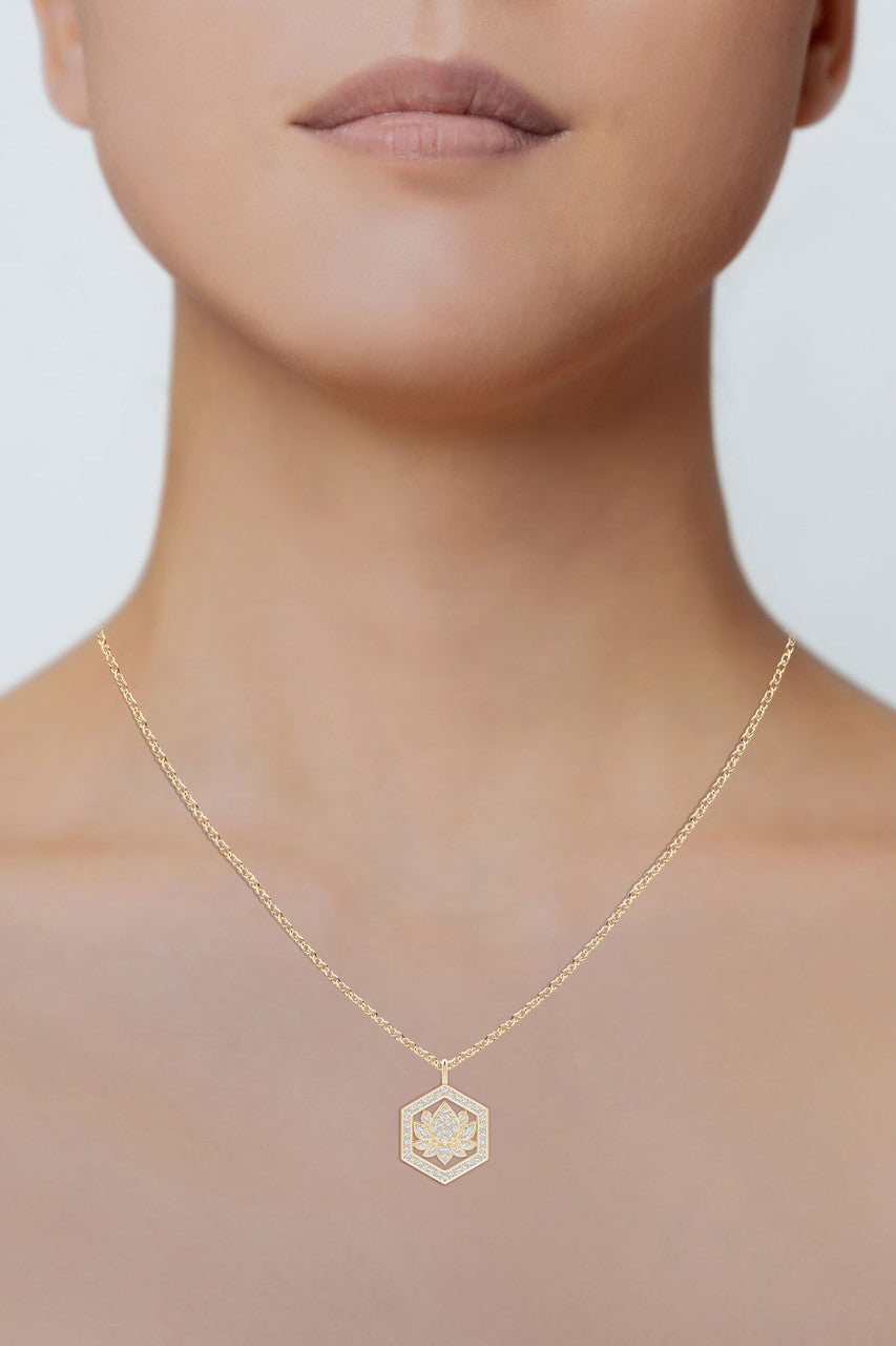 Buy Indochine Spirit 14k Hexagon Frame Lotus Pave Diamond Pendant Necklace in 14K Yellow Gold Online 14K Yellow Gold Natori