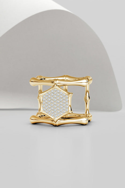 Buy Indochine 14k Pave Diamond Hexagon Center Double Bamboo Band Cocktail Ring in 14K Yellow Gold Online 14K Yellow Gold Natori