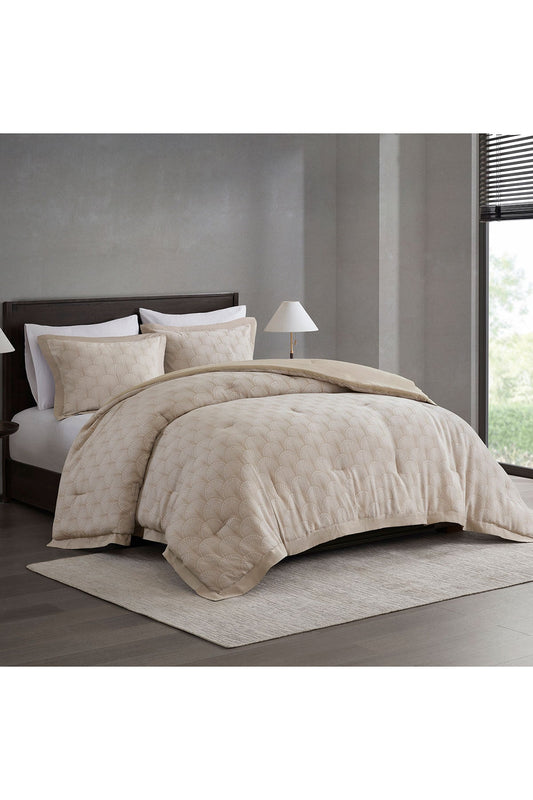 Ogee Fan Jacquard 3 Piece Comforter Mini Set Beige Natori