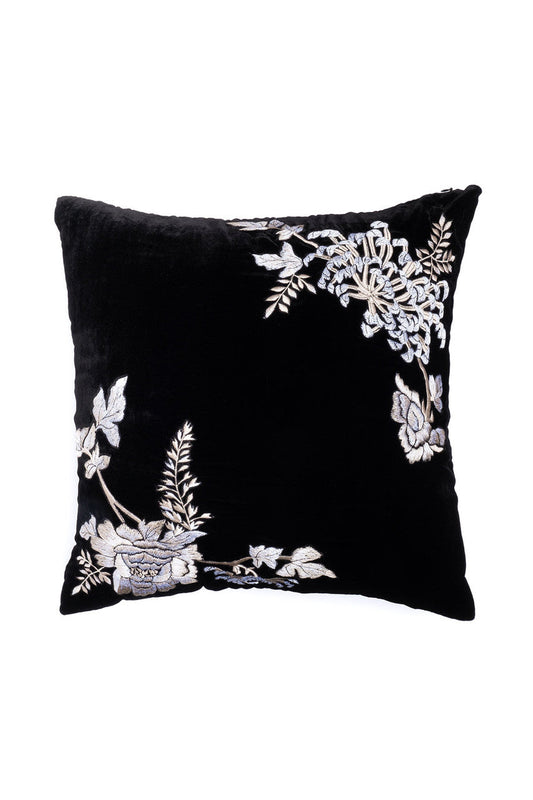 Buy Velvet Mandarin Embroidered Trim Pillow in Black Online Black Natori