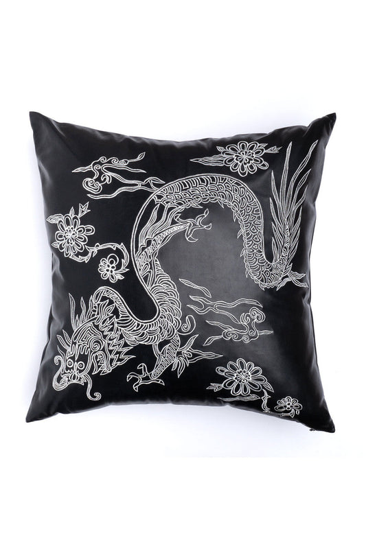 Buy Vegan Luxe Leather Mandarin Embroidered Dragon Pillow in Black Online Black Natori