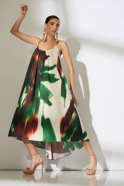 Buy Amalfi Printed Cotton Poplin Open Back Dress in Neutral Green Online Neutral Green Natori