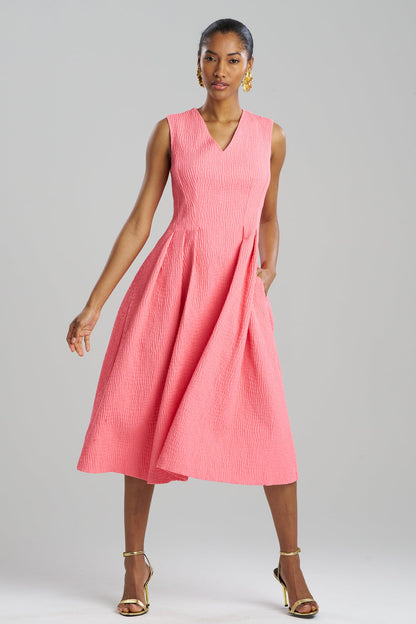 Textured Cotton Jacquard Sleeveless Pleated Dress Flamingo Pink Natori