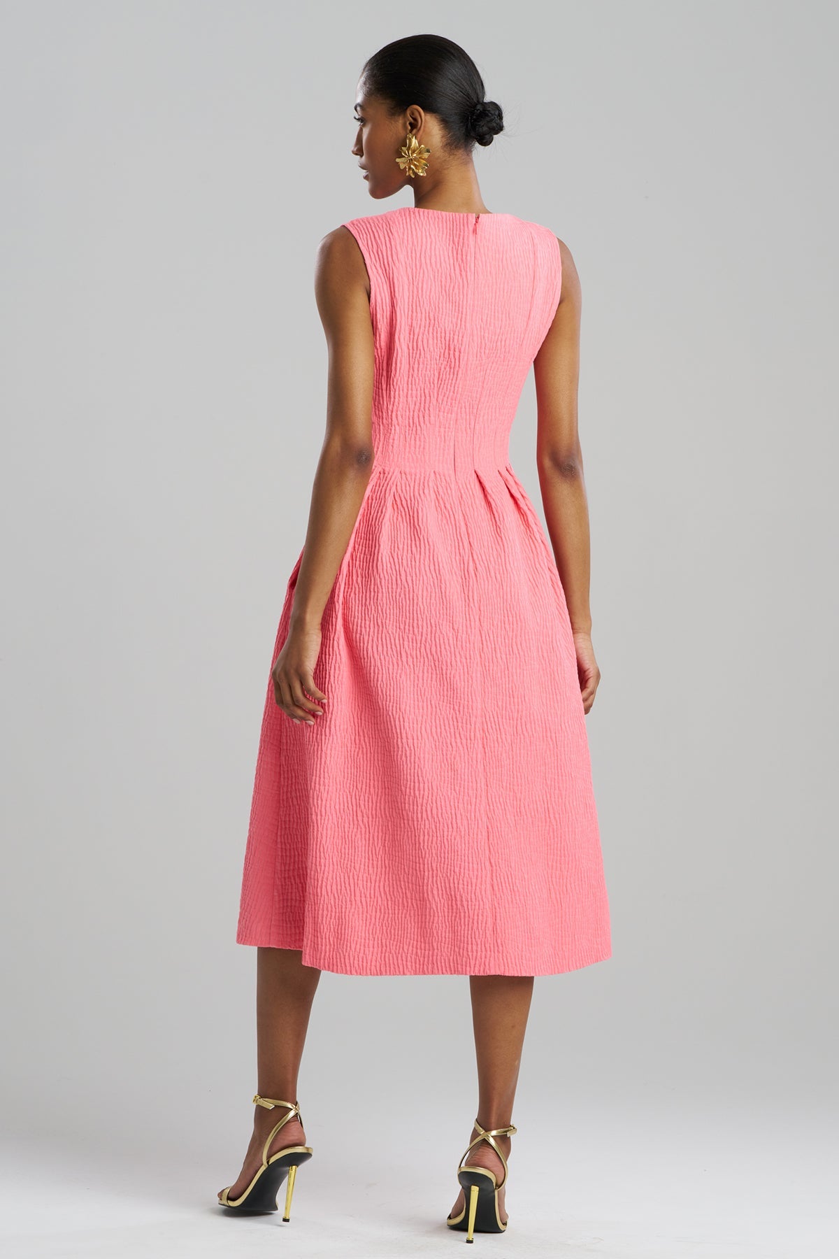 Textured Cotton Jacquard Sleeveless Pleated Dress Flamingo Pink Natori