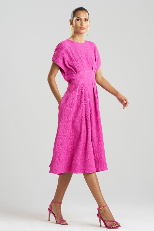 Buy Textured Cotton Jacquard Pleated Dress in Bright Berry Online Bright Berry Natori