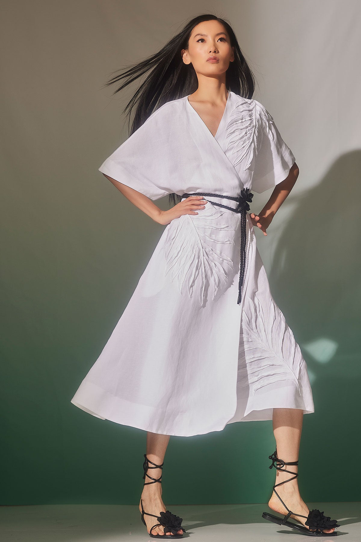 Light Weight Linen Embroidered Kimono Wrap Dress White Natori