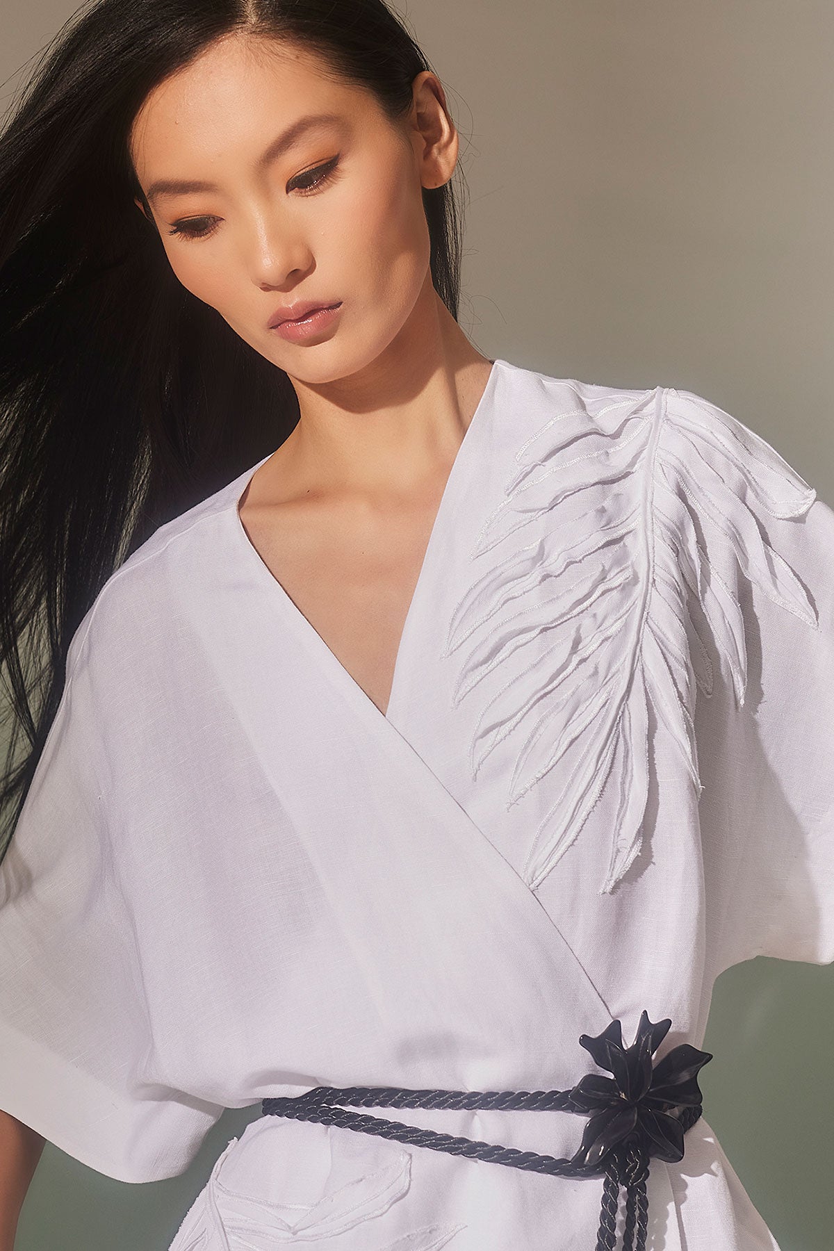 Light Weight Linen Embroidered Kimono Wrap Dress White Natori