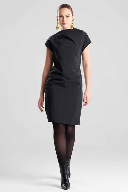 Taffeta Asymmetric Draped Dress Black Natori
