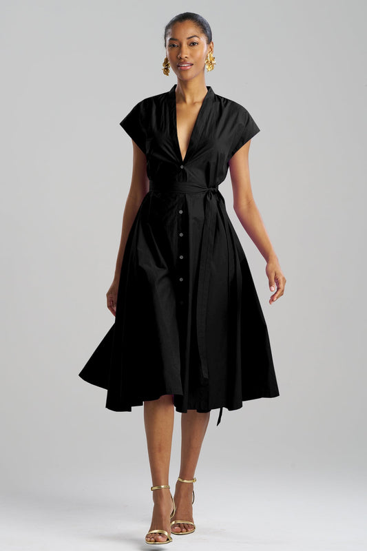 Techno Poplin Tie Front Dress Black Natori