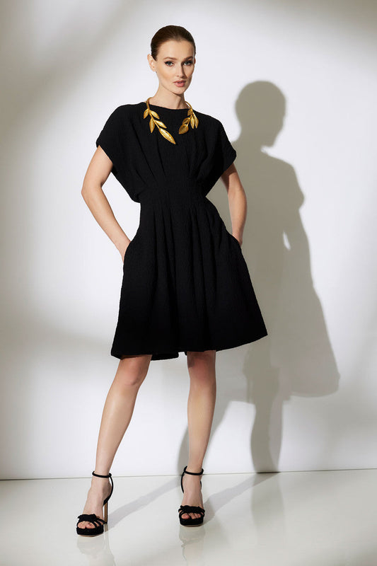 Buy Stretch Texture Jacquard Pleated Dress in Black Online Black Natori