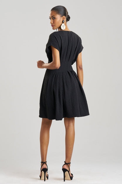 Buy Stretch Texture Jacquard Pleated Dress in Black Online Black Natori