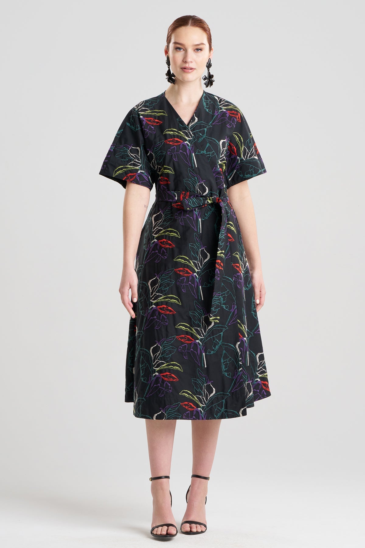 Yoru Embroidered Cotton Poplin Kimono Wrap Dress Black Deep Orchid Natori