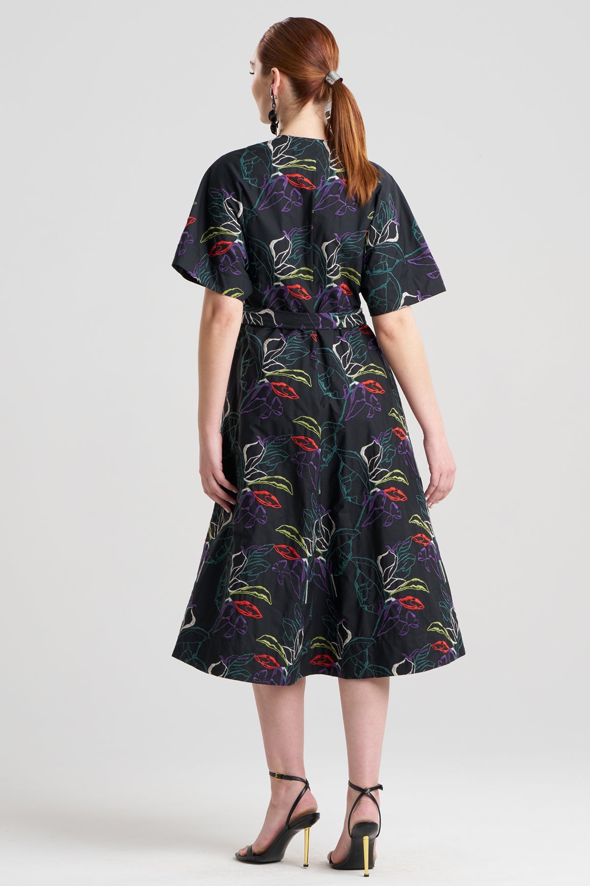 Yoru Embroidered Cotton Poplin Kimono Wrap Dress Black Deep Orchid Natori