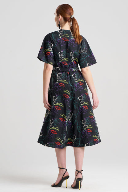 Yoru Embroidered Cotton Poplin Kimono Wrap Dress Black Deep Orchid Natori