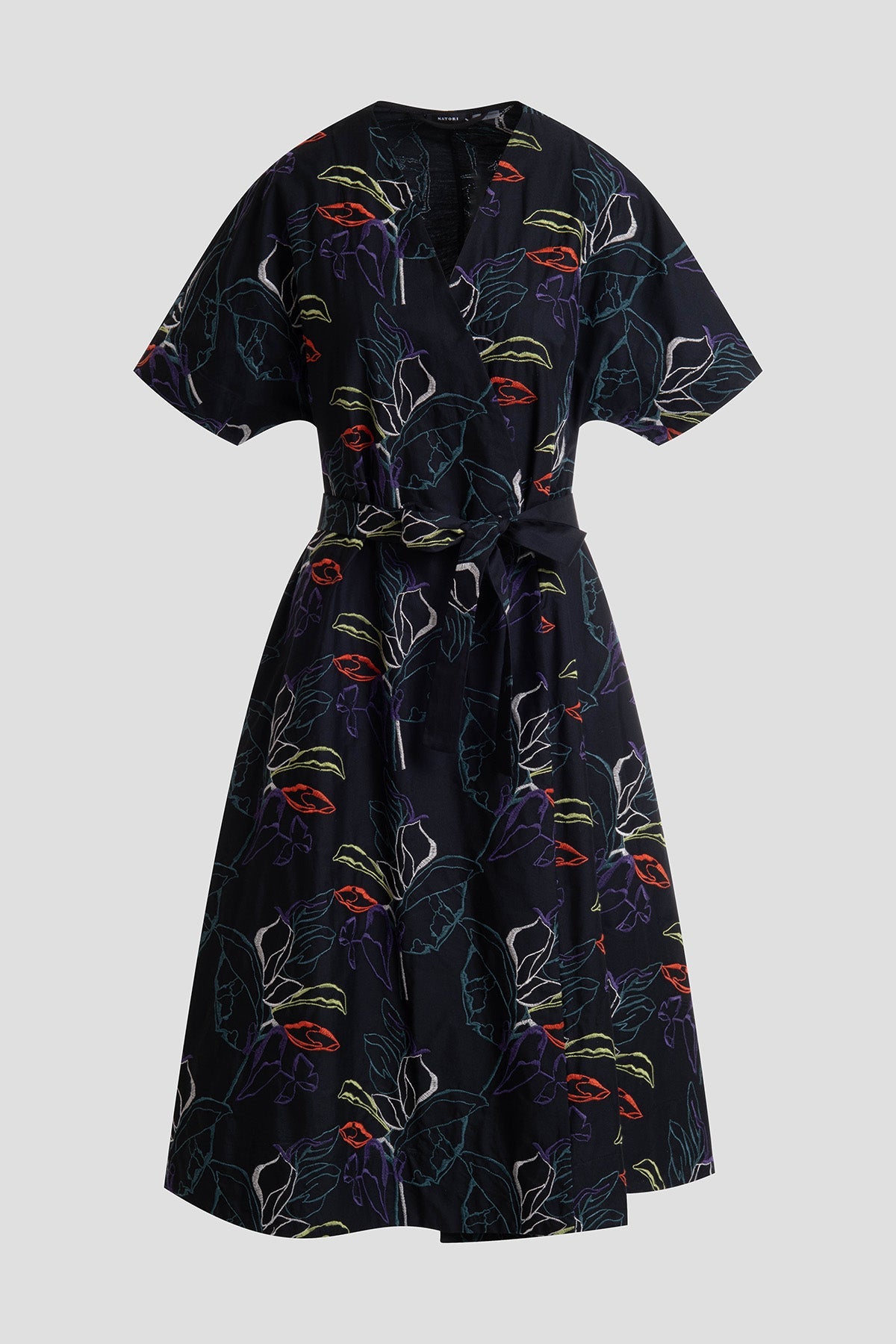 Yoru Embroidered Cotton Poplin Kimono Wrap Dress Black Deep Orchid Natori