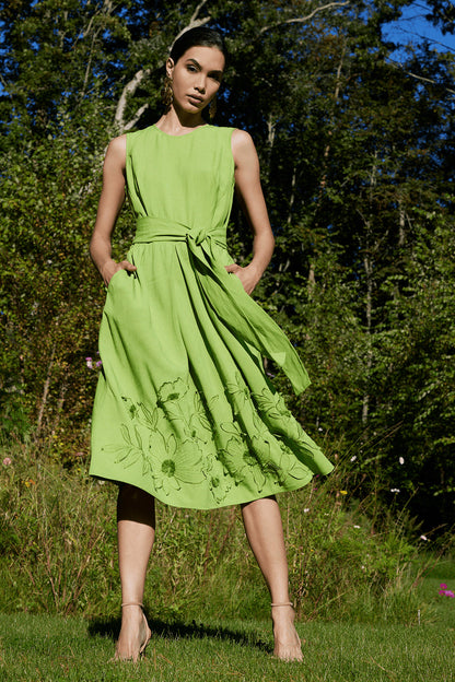 Buy Linen Embroidered Fit & Flare Dress in Pear Online Pear Natori