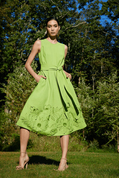 Buy Linen Embroidered Fit & Flare Dress in Pear Online Pear Natori