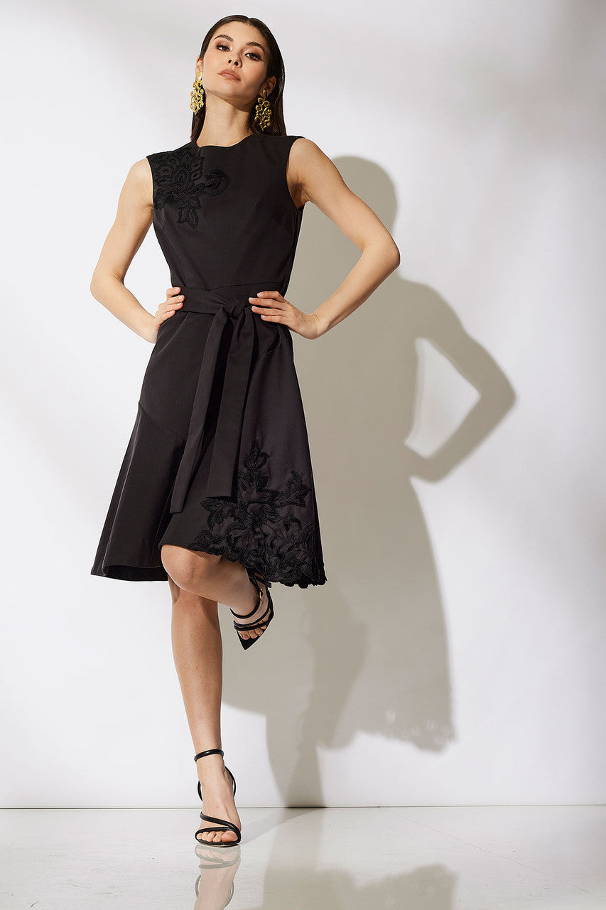 Buy Cotton Chino Fit & Flare Embroidered Dress in Black Online Black Natori