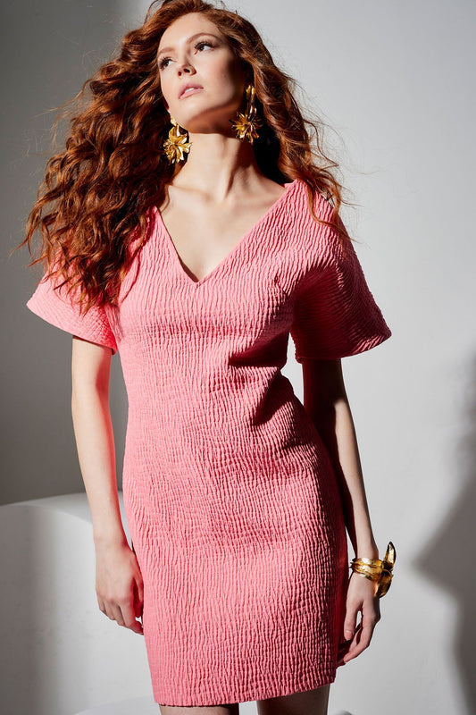 Textured Cotton Jacquard Short Sleeve Sheath Dress Flamingo Pink Natori