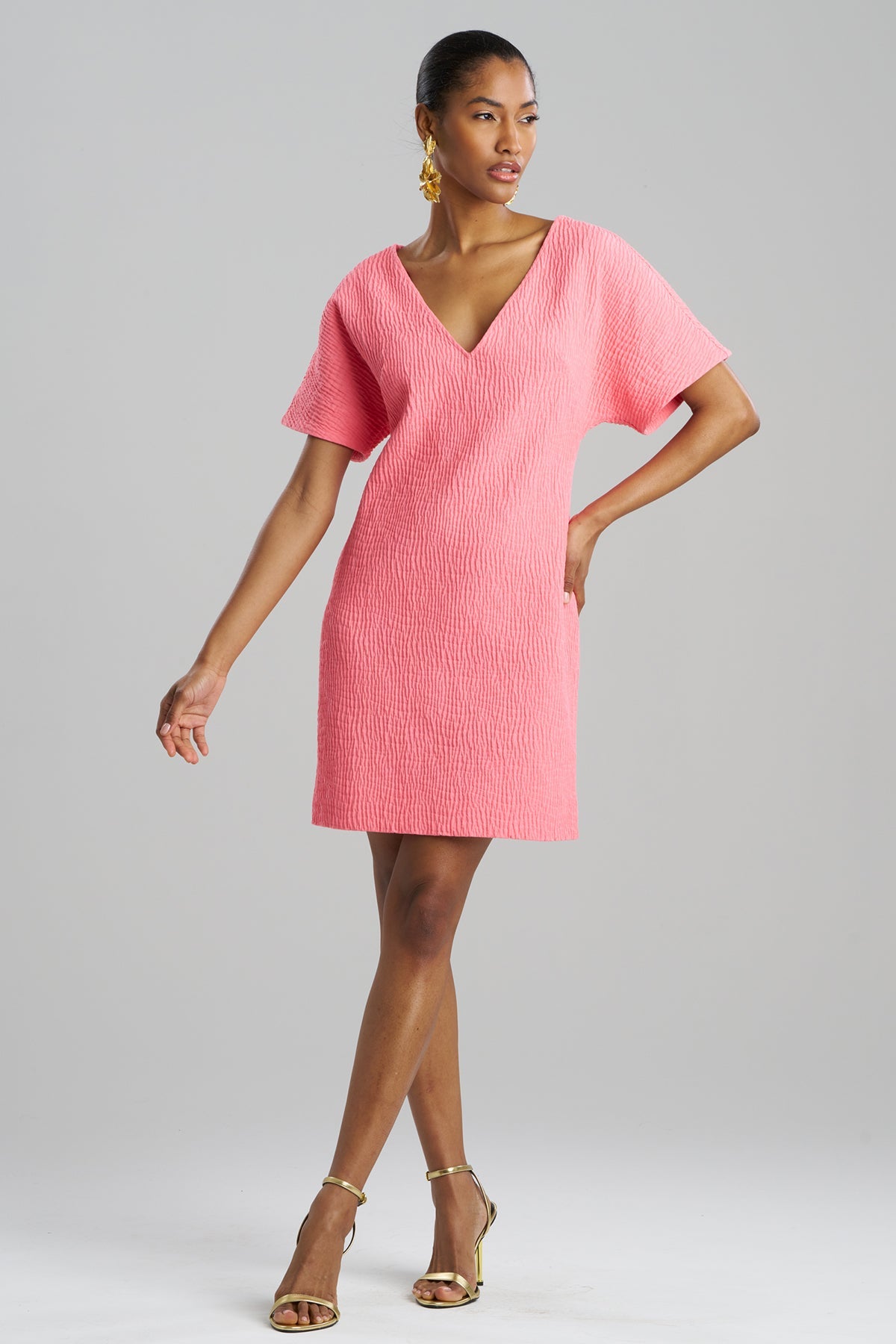 Textured Cotton Jacquard Short Sleeve Sheath Dress Flamingo Pink Natori