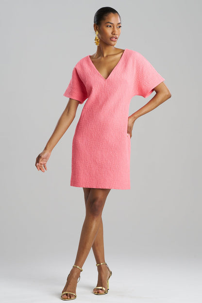 Textured Cotton Jacquard Short Sleeve Sheath Dress Flamingo Pink Natori