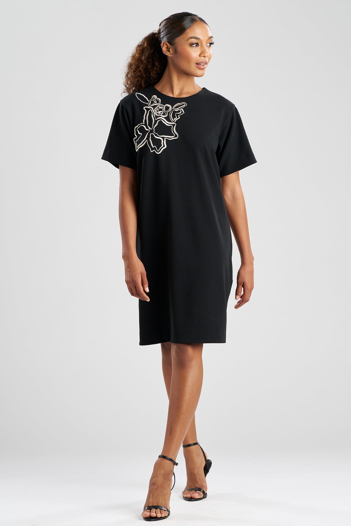 Solid Knit Crepe Embellished Short Sleeve Shift Dress Black Natori